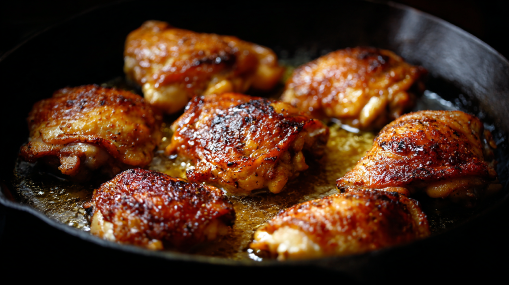 chicken thighs searing skin-side down in cast iron skillet