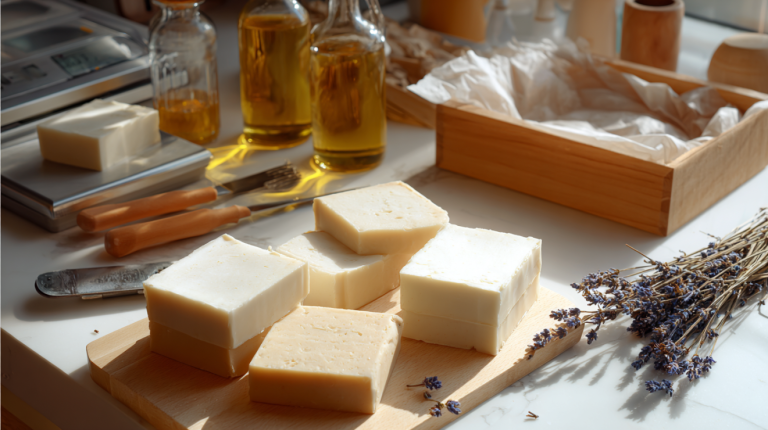 Cold process soap making for beginners with handmade soap bars oils and equipment on a modern craft table