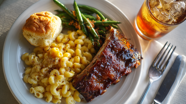 Southern dinner plate with country-style ribs, green beans and macaroni and cheese