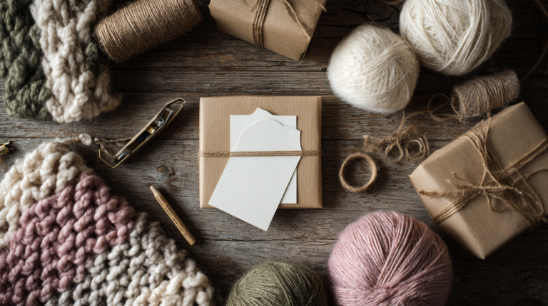 Handmade care cards and gift tags for crochet and knitting projects on a rustic wooden table