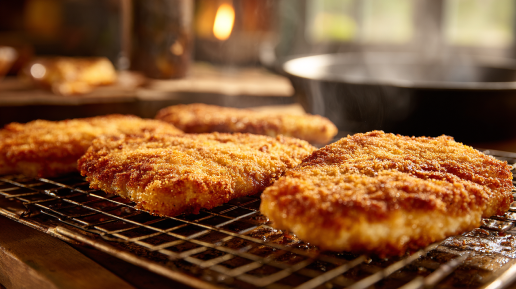 Crispy fried pork cutlets resting on a wire rack after pan-frying