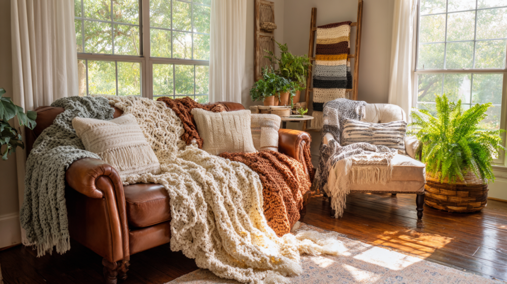 Crochet afghan patterns collection showing ripple, strip, and granny square designs draped over Southern living room furniture