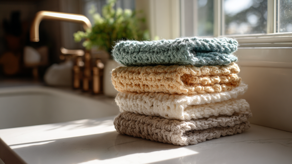 Stack of five crocheted cotton dishcloths in Southern kitchen colors on a farmhouse counter