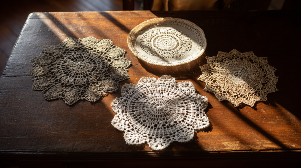 Vintage crochet doilies in white and ecru thread displayed on dark wood table with natural light