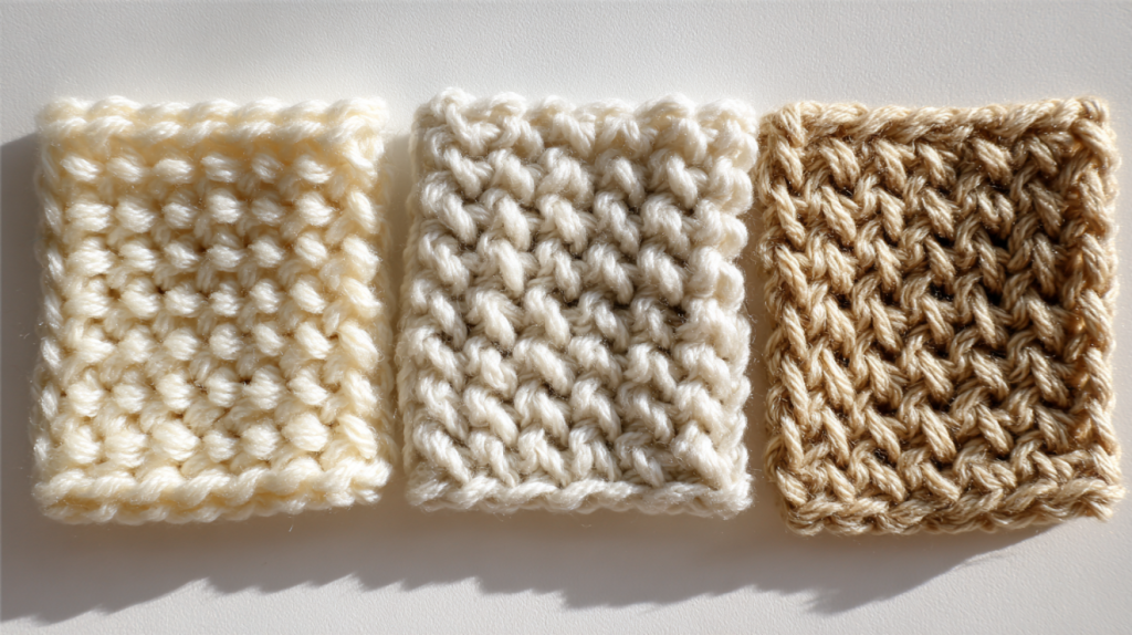 Three crochet swatches showing different hook sizes effect on fabric density and stitch appearance