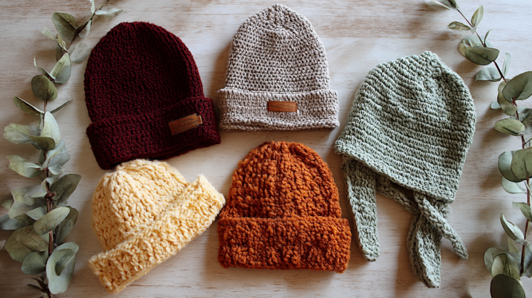 Handmade crochet hats and beanies in multiple styles and seasonal colors displayed on rustic wood