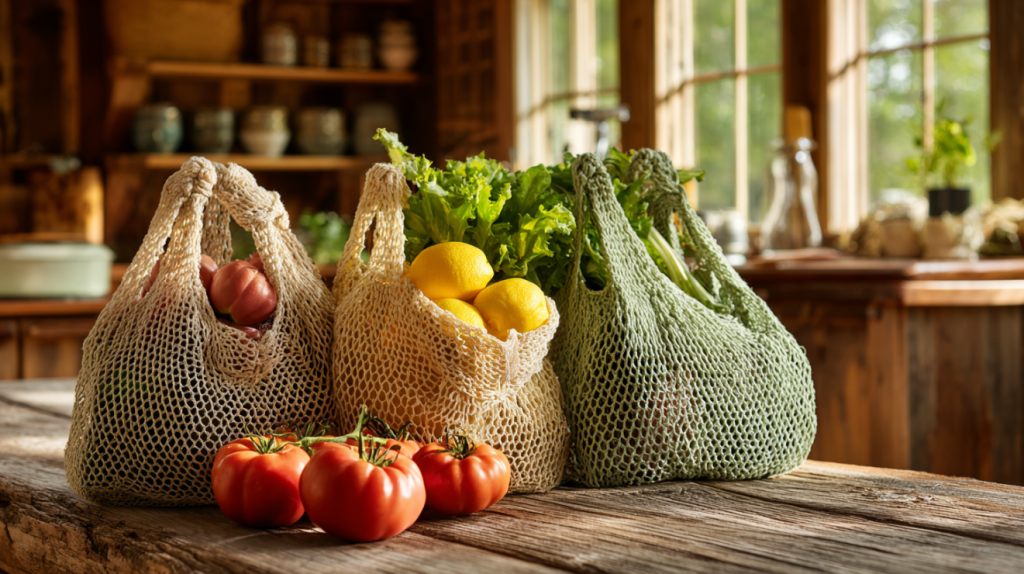 Handmade crochet market bags in cotton yarn filled with fresh produce on a farmhouse table
