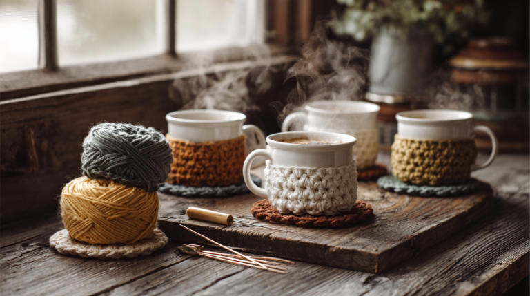 Handmade crochet mug cozies and coasters arranged on a rustic wooden table with morning coffee