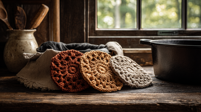 Handmade crocheted pot holders in warm colors on a Southern farmhouse kitchen counter