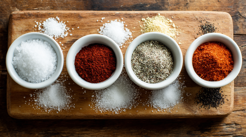 Dry rub spices for cross rib roast recipe laid out on a modern kitchen counter