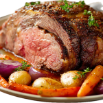 Cross rib roast recipe served on a platter with pan juices and roasted vegetables