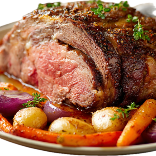 Cross rib roast recipe served on a platter with pan juices and roasted vegetables