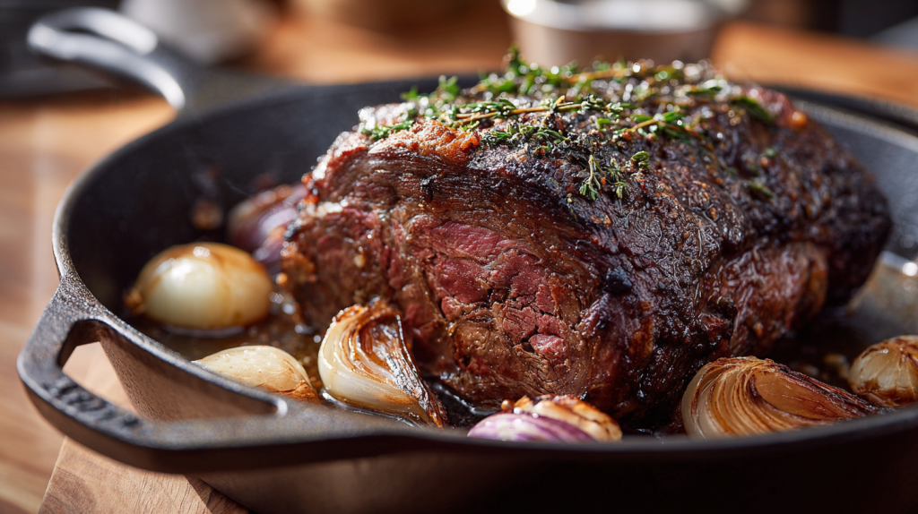 Cross rib roast seared in a cast iron pan ready for the oven