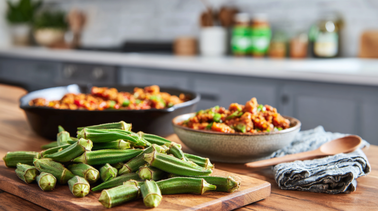 Fresh okra pods and cooked okra dishes displayed on a modern kitchen counter