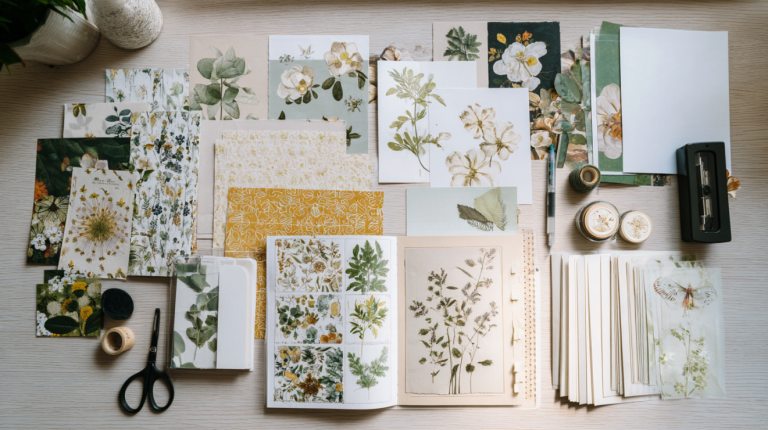 Printed digital papers and clip art pieces arranged on a modern crafting table with junk journal and scrapbook supplies