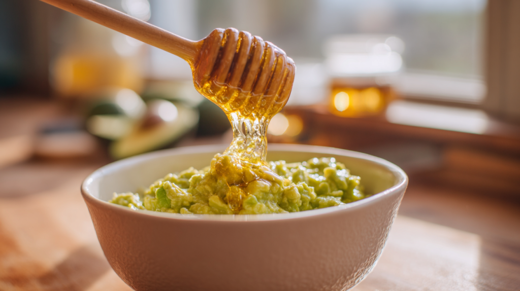 Drizzling raw honey over avocado honey mash in a mixing bowl