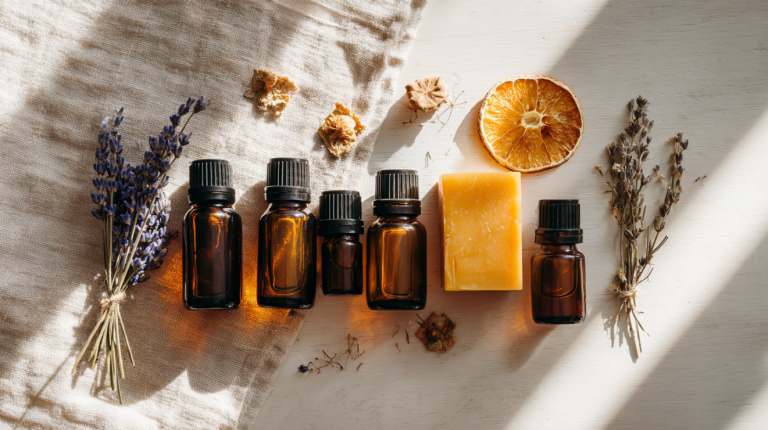 Essential oil bottles with dried herbs and handmade soap on a modern craft surface