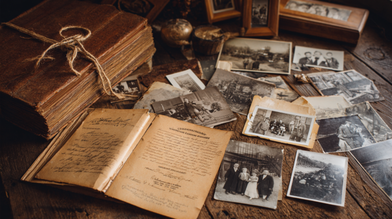 Vintage family photographs and documents spread on a wooden table beside a heritage scrapbook album