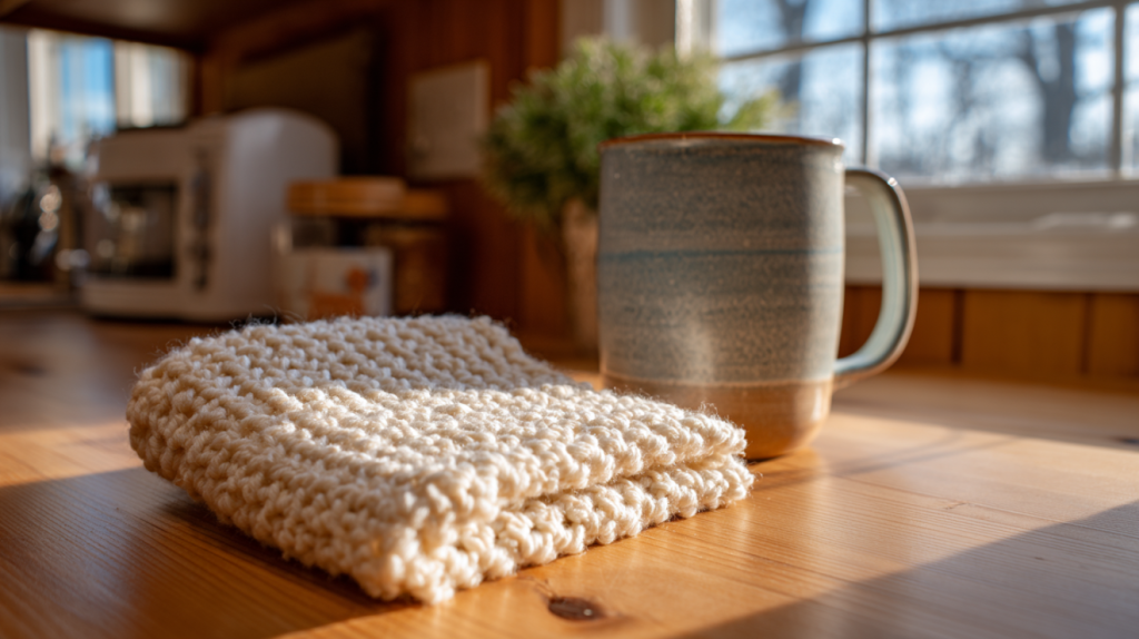 Finished beginner crochet dishcloth in cotton yarn in a Southern kitchen setting