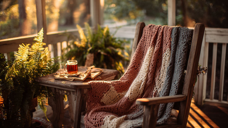 Finished handmade crochet afghan draped over rocking chair showing beauty of handcrafted work