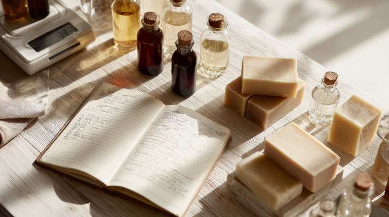 Soap making oils and recipe notebook on a modern craft table for cold process soap formulation