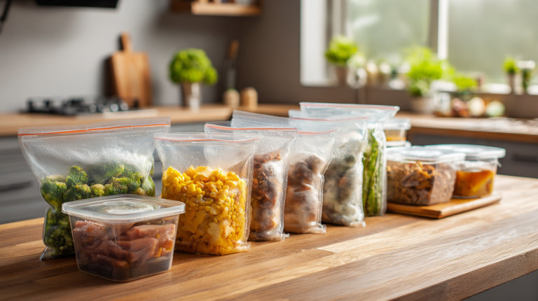 Cooked foods being packaged for the freezer on a modern kitchen counter