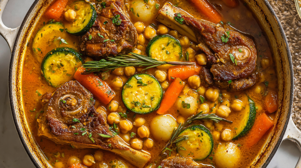 French couscous with zucchini and lamb simmering in a Dutch oven with warm spiced broth