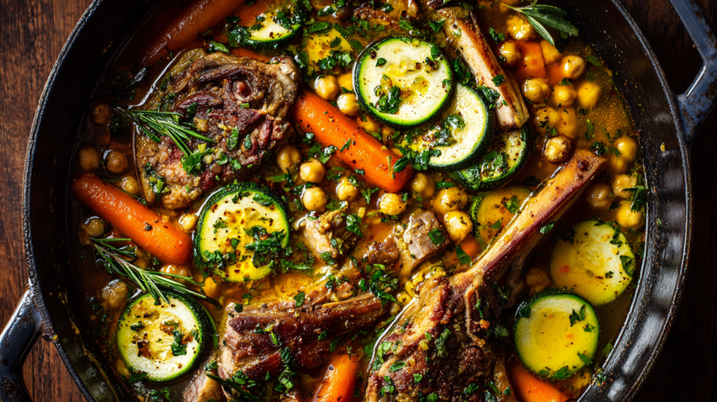 Finished French couscous with zucchini and lamb stew with vegetables in spiced broth