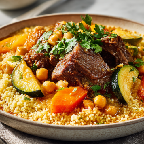 French couscous with zucchini and lamb served in a wide bowl with harissa on the side