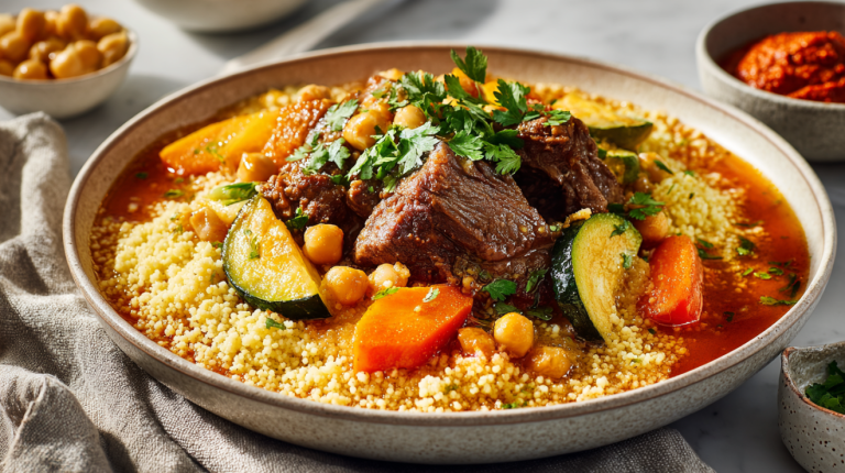French couscous with zucchini and lamb served in a wide bowl with harissa on the side