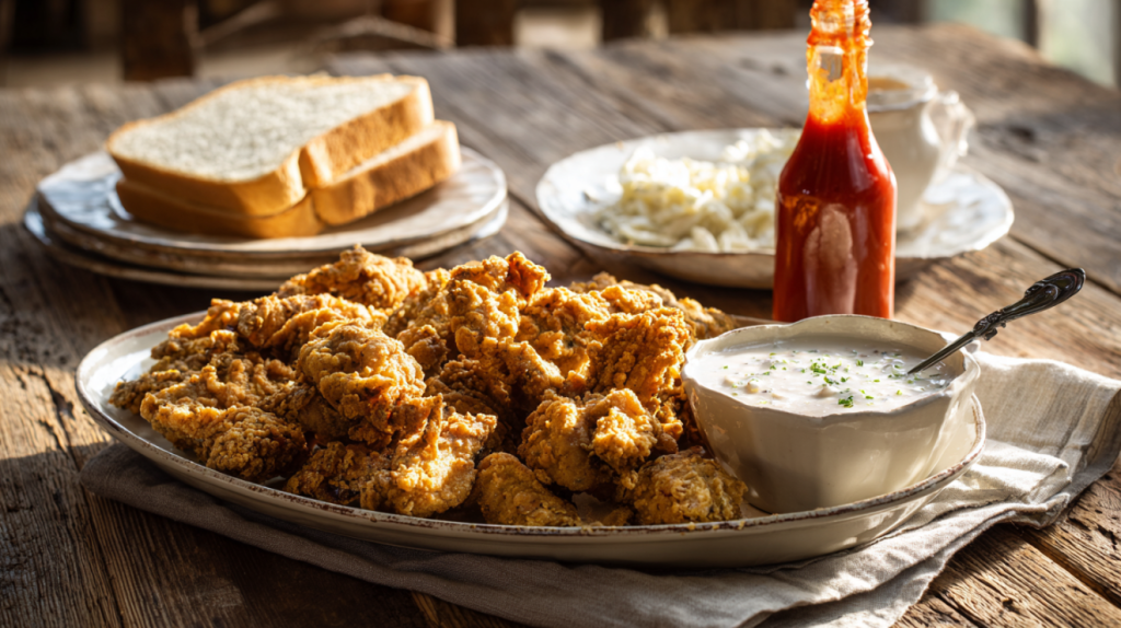 Platter of Southern fried chicken livers with white gravy and hot sauce