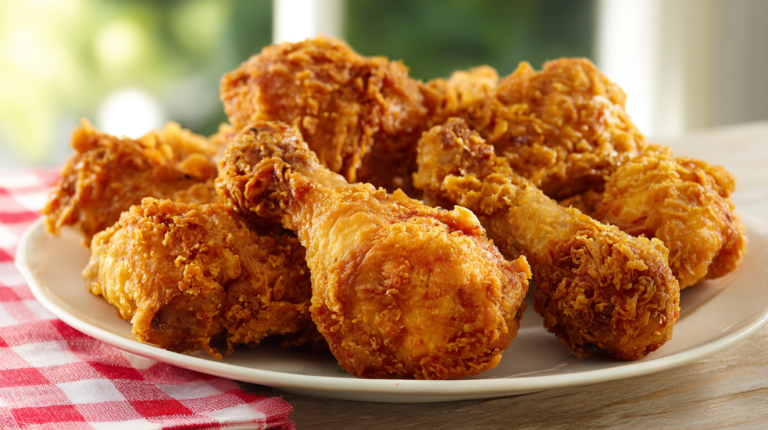 Perfectly fried Southern chicken with golden crispy crust on a serving platter