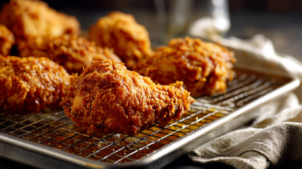 Fried chicken draining on wire rack over sheet pan for crispy crust