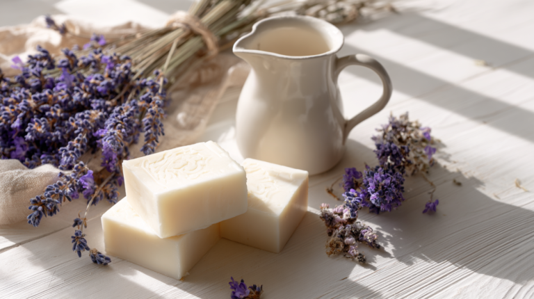 Freshly cut goat milk soap bars on a modern surface with a pitcher of milk and dried lavender