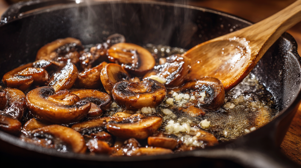 golden brown mushrooms searing in cast iron for creamy chicken spinach mushroom skillet