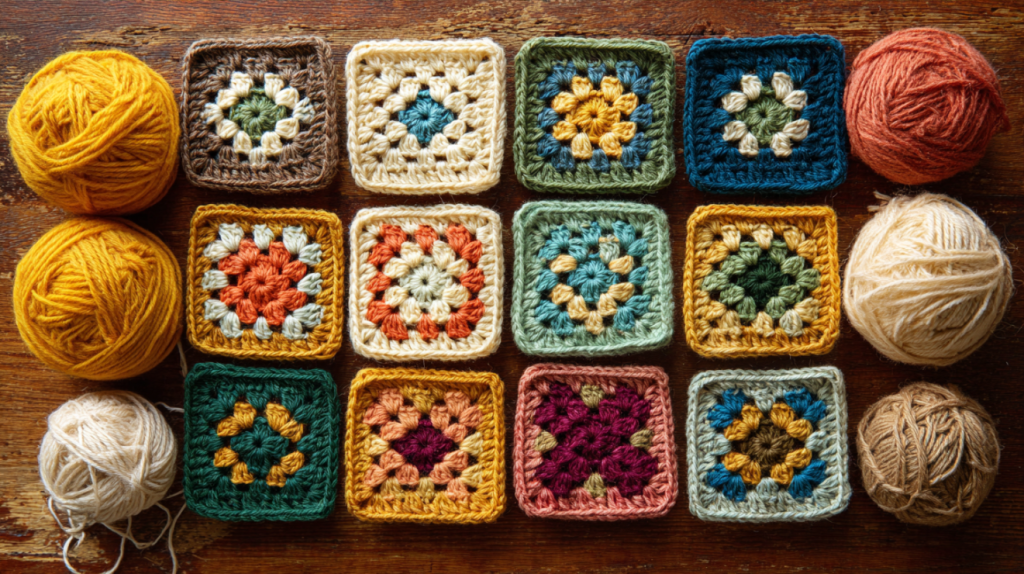 Classic crochet granny squares in various color combinations arranged on a rustic wooden surface