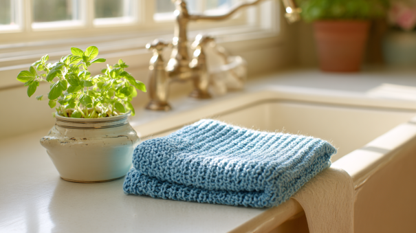 Handmade knitted garter stitch dishcloth in cotton yarn for the Southern kitchen