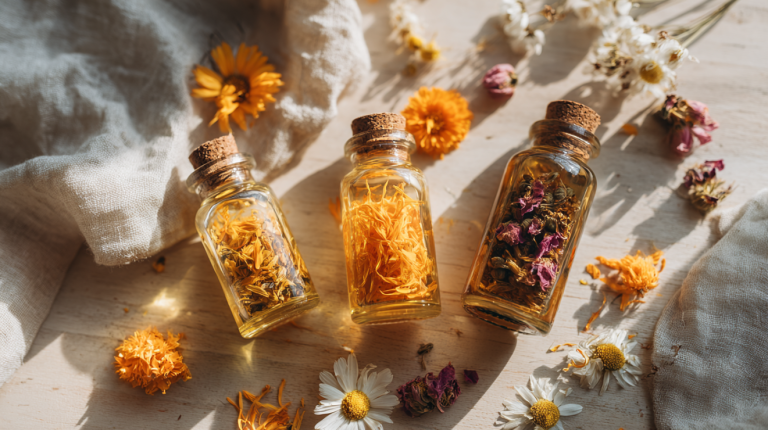 Herbal infusions for bath products with calendula chamomile and rose in jars and oils on a modern surface