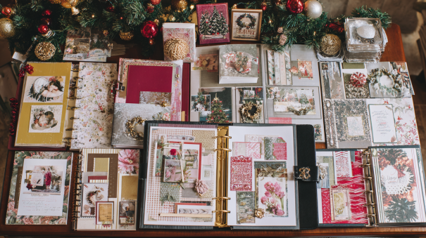 Holiday and seasonal scrapbook pages spread on a wooden table showing Christmas Easter and fall layouts
