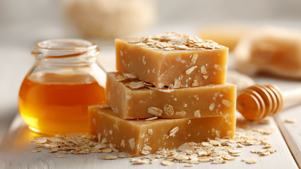 Homemade honey and oatmeal cold process soap bars with golden color and oat topping on a modern craft surface