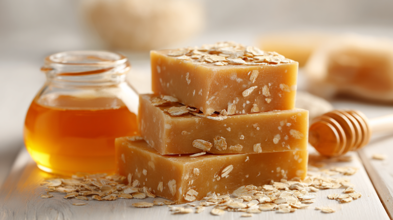 Homemade honey and oatmeal cold process soap bars with golden color and oat topping on a modern craft surface