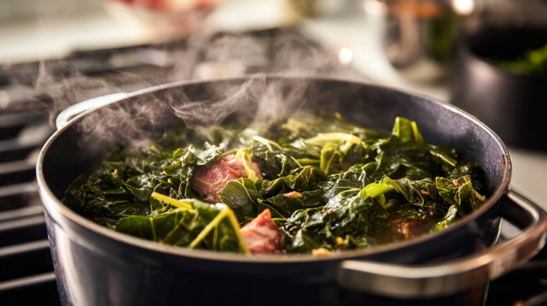 Traditional Southern collard greens simmering in a pot with ham hock and pot likker