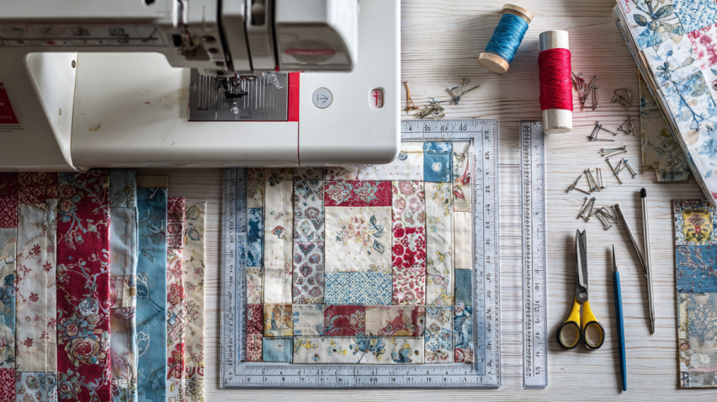 Quilting cutting mat with rotary cutter acrylic ruler and precisely cut fabric squares triangles and strips on a modern craft table