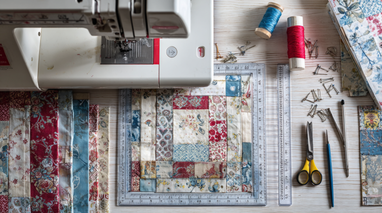 Quilting cutting mat with rotary cutter acrylic ruler and precisely cut fabric squares triangles and strips on a modern craft table