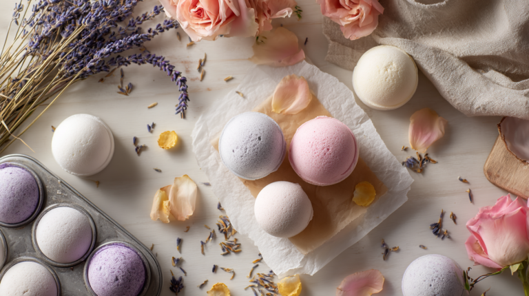 Handmade bath bombs in pastel colors on a modern craft table with dried flowers and metal molds