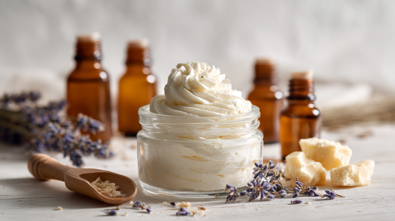 Homemade whipped body butter in a glass jar with shea butter and carrier oils on a modern surface