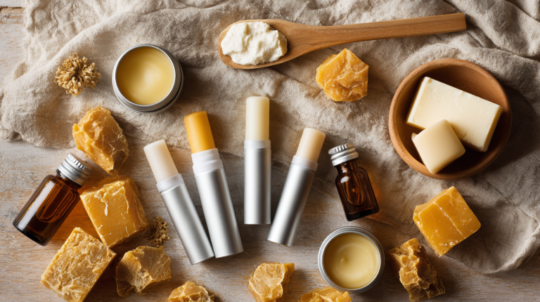 Homemade lip balm tubes and tins with beeswax shea butter and oils on a modern kitchen counter