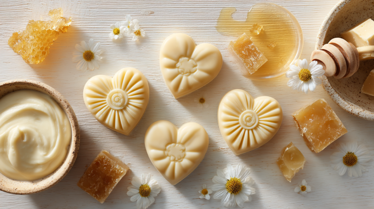 Handmade lotion bars in heart and flower shapes on a modern craft surface with beeswax and shea butter