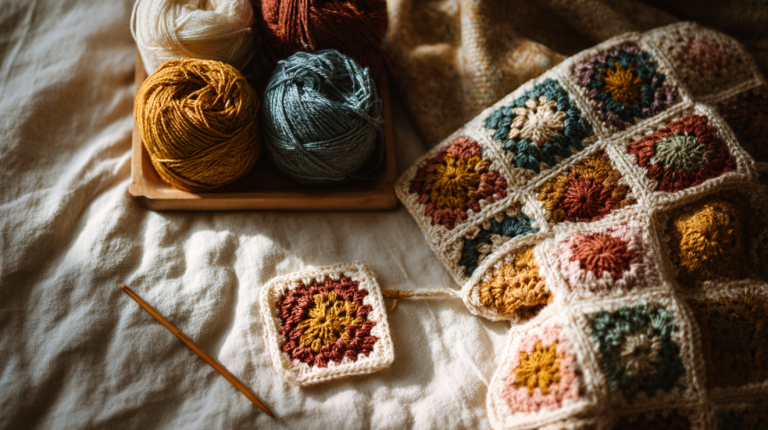 Join as you go crochet method showing a square being connected to neighboring squares during the last round