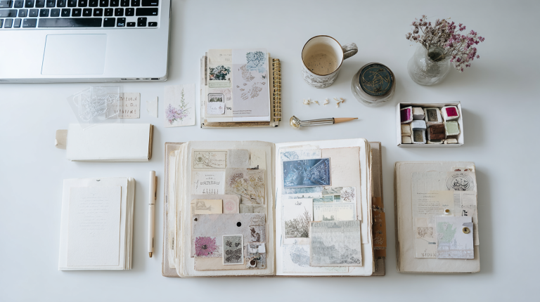 Junk journal open to pages with handmade pockets tuck spots and ephemera on a clean modern white desk